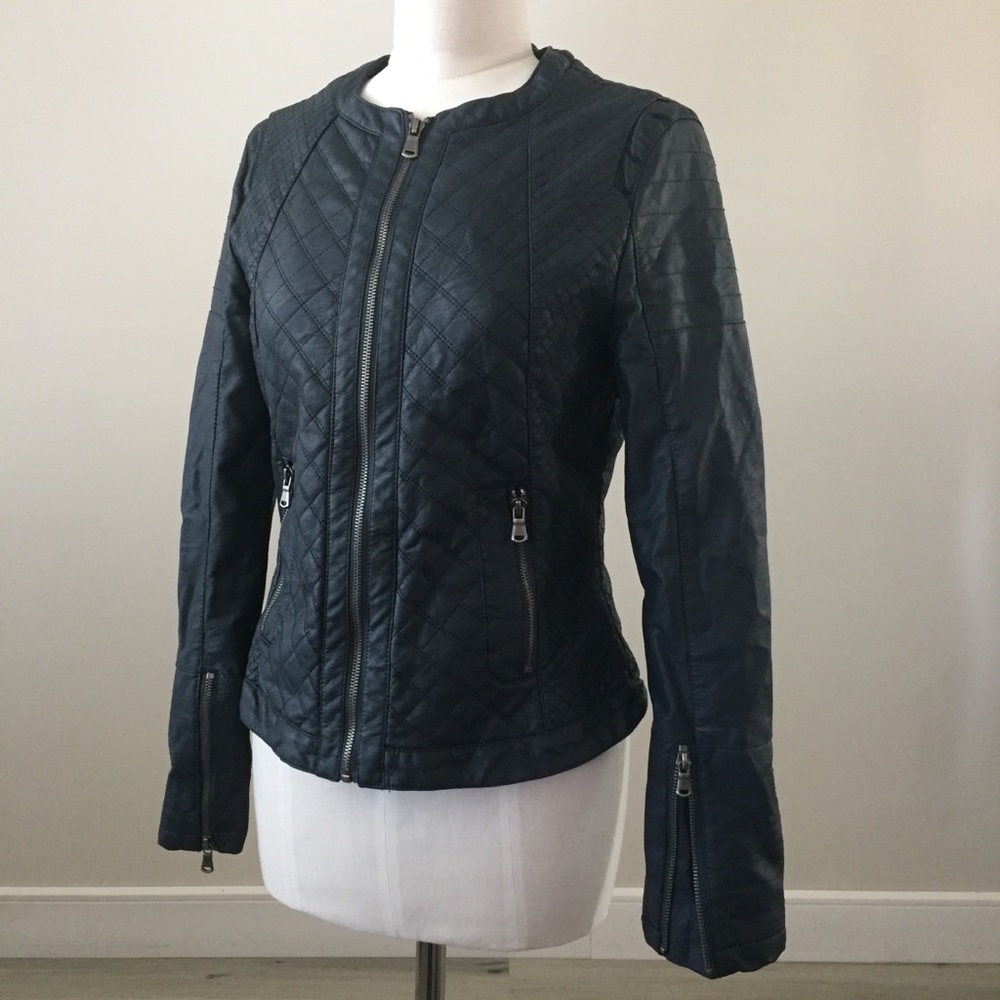 Harve Bernard Faux Leather Moto Jacket, Navy, Sz S